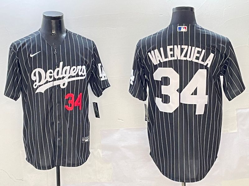 Men Los Angeles Dodgers 34 Valenzuela Black Stripe Jointly Name 2025 Nike MLB Jersey style 8